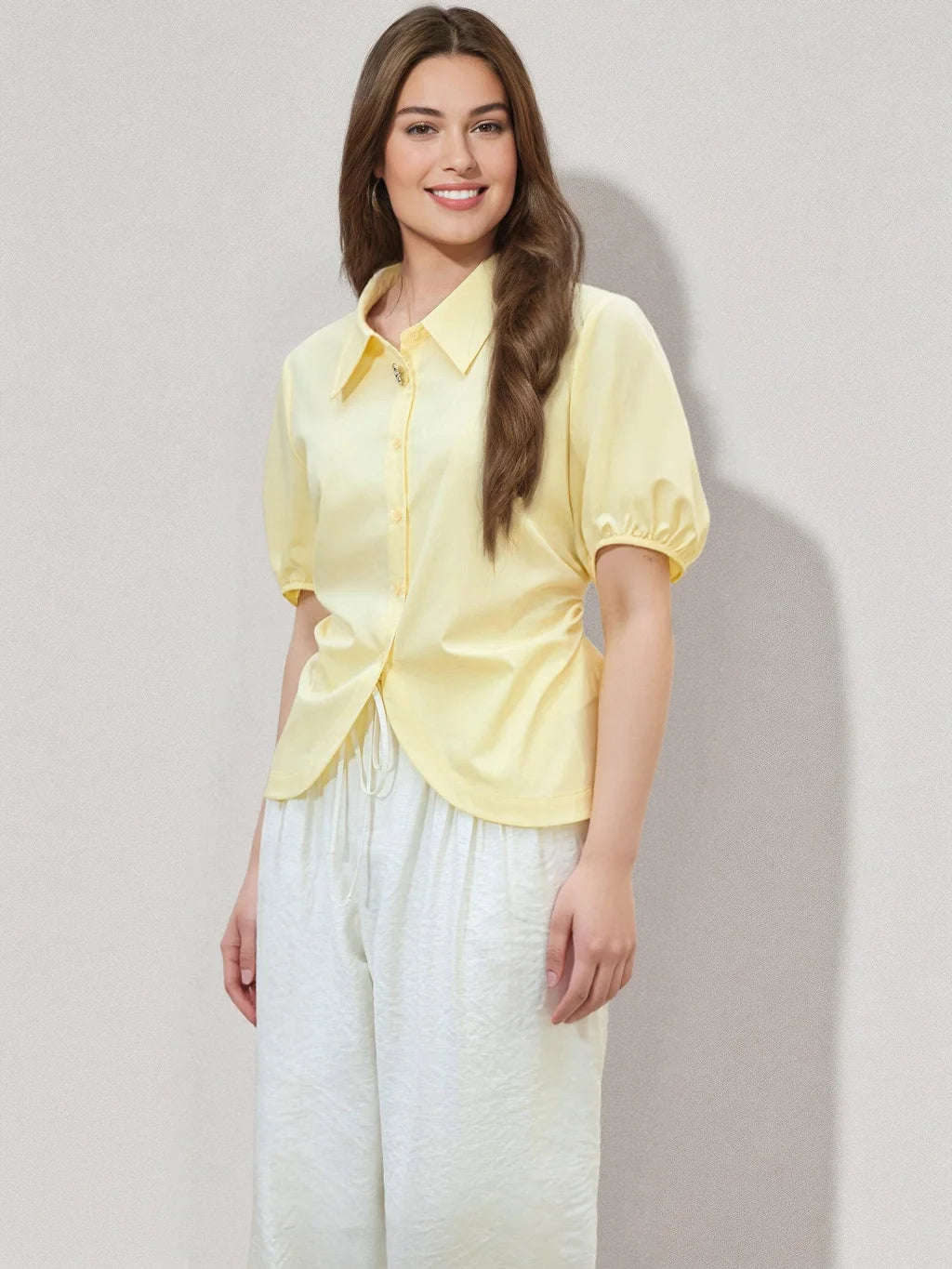 DUSHU Gentle Elegant Temperament Short-sleeved Shirt 2025 Summer New Style Straight Shoulder Slim All-match Casual Top 25DS82164