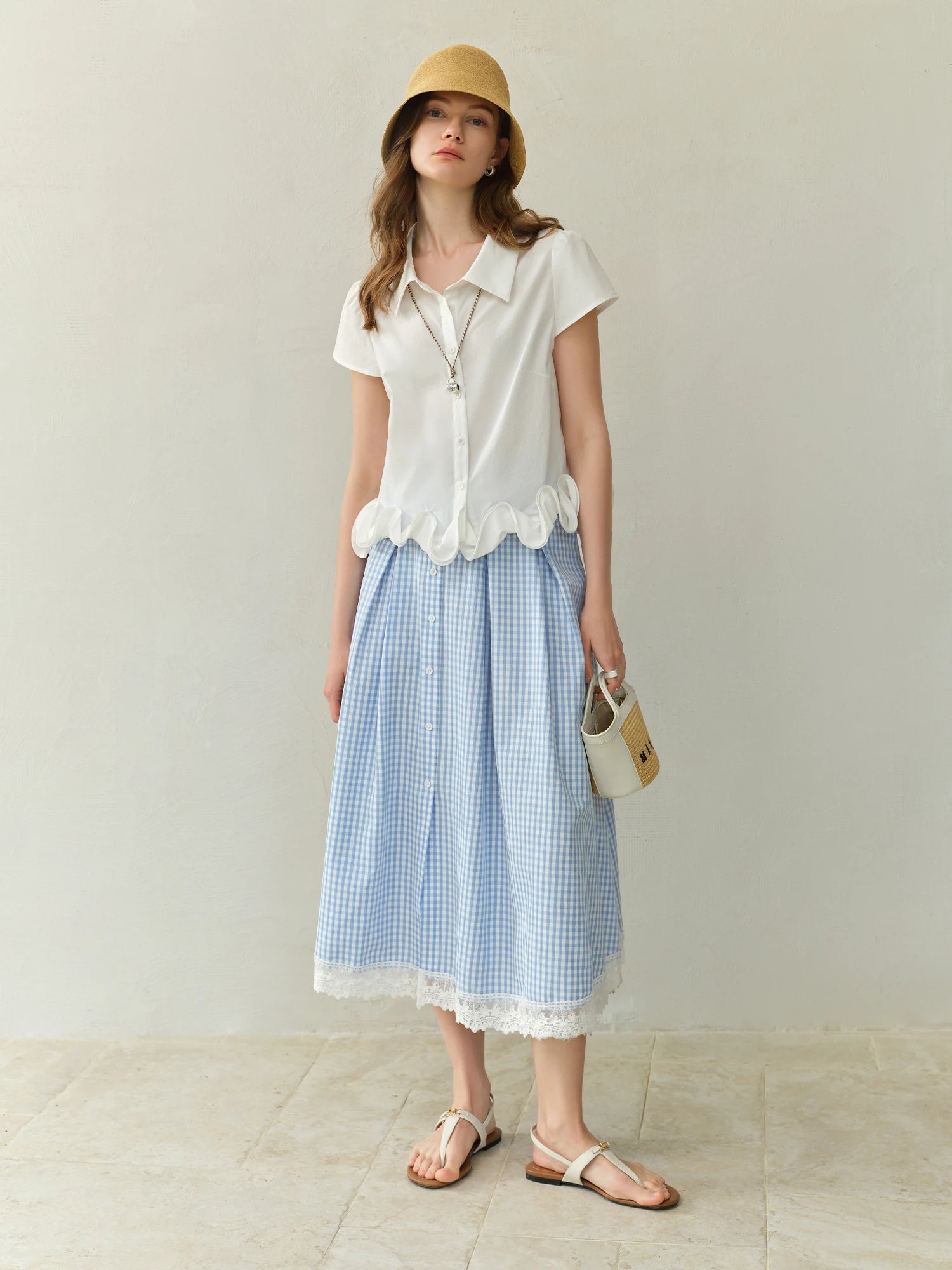 DUSHU Plus-size Blue and White Checkered Skirt - 2025 Summer New Arrival Chic Fashionable and Versatile for Women 25DS82445