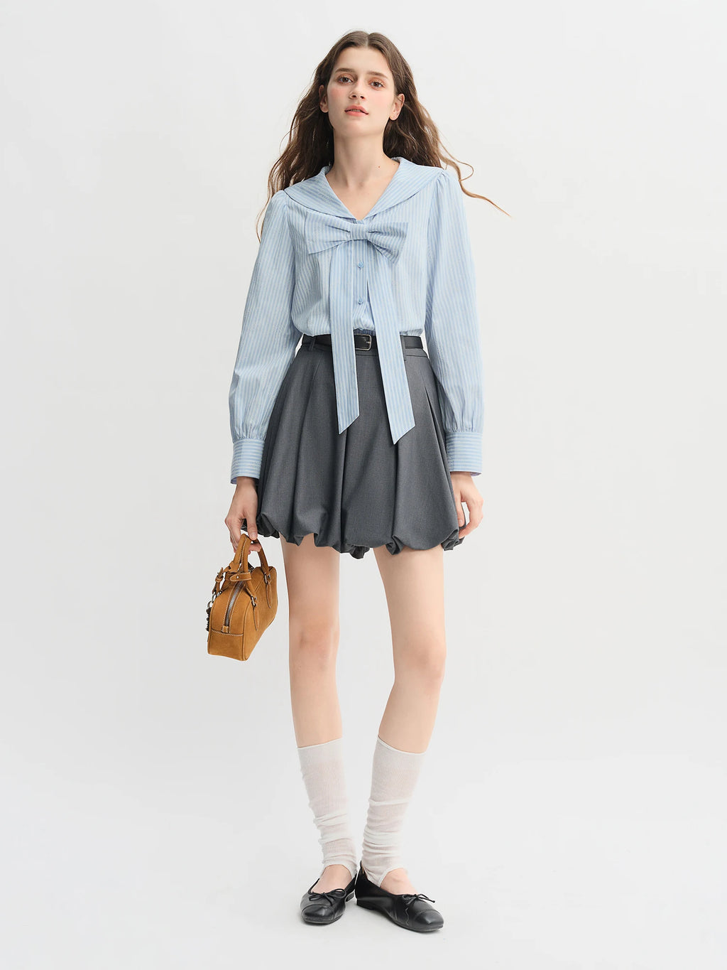 DUSHU Plus Size Women's Navy Collar Bow-Decorated Striped Shirt Dress 2025 Autumn Collection Gentle Youthful Style 25DS83218