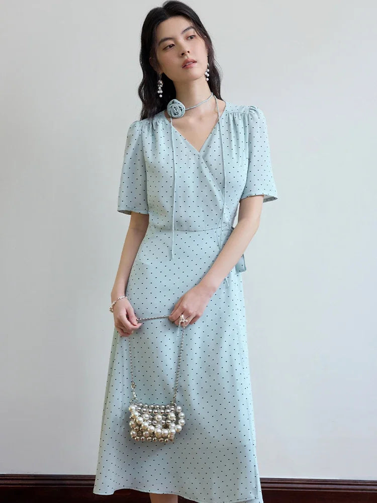 DUSHU French Style V-neck Retro Polka Dot Women Long dress 2024 Summer New Versatile Casual Elegant Dress 24DS82539 24DS82688