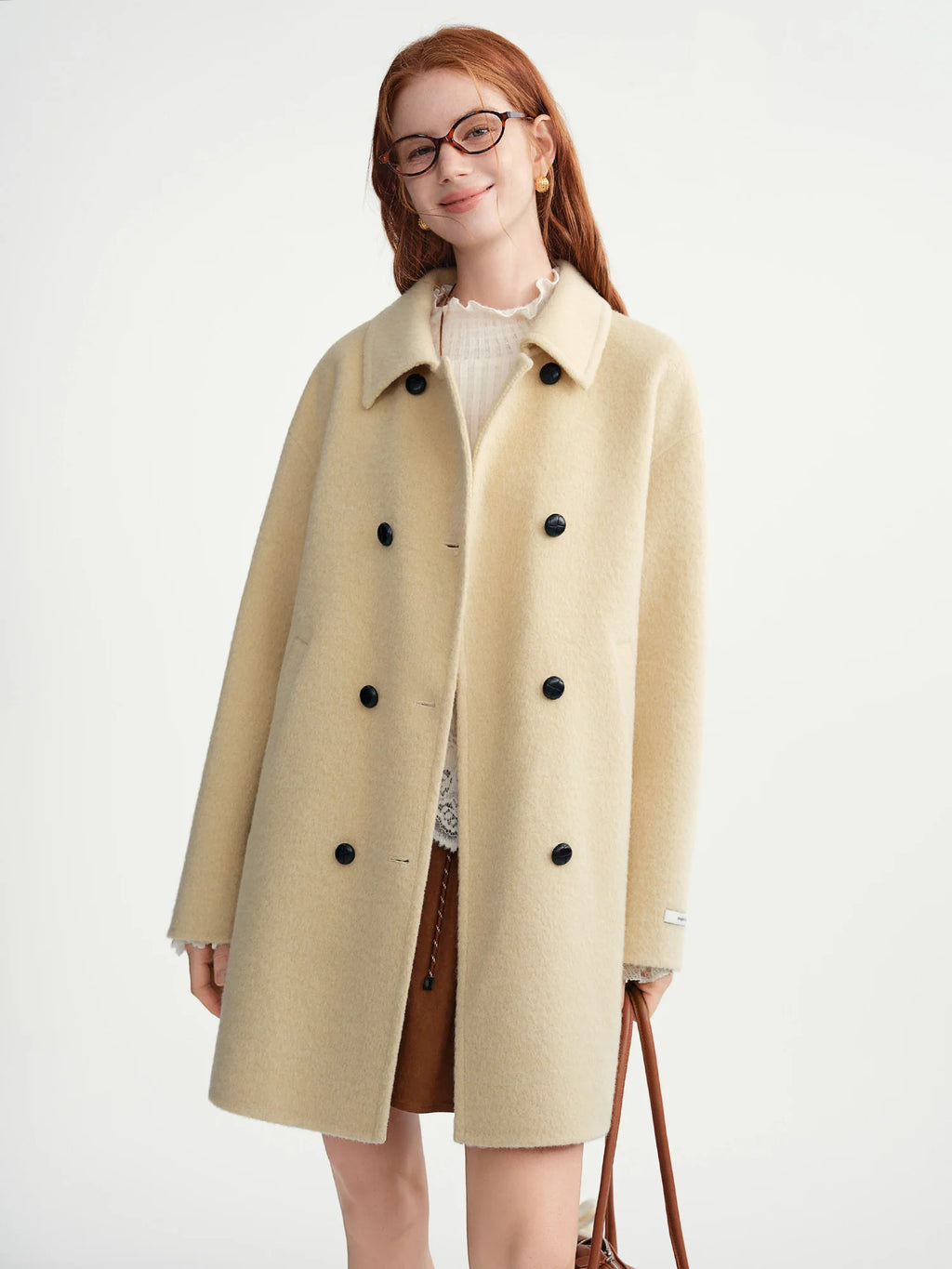 DUSHU 2025 Women's Contrast Color Double Breasted Wool Coat Winter Warm Double Faced Tweed Overcoat Elegant Loose Fit Outerwear