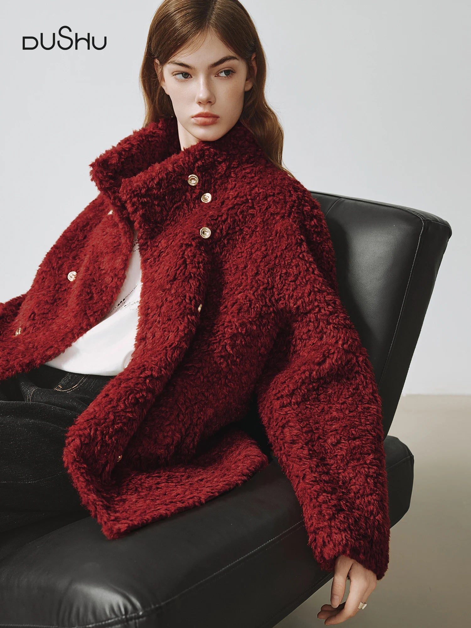 DUSHU Plus Size Burgundy Faux Fur Thick Coat Red New Year Outfit Winter Warm Top Vintage Daily Loose Temperament Stylish