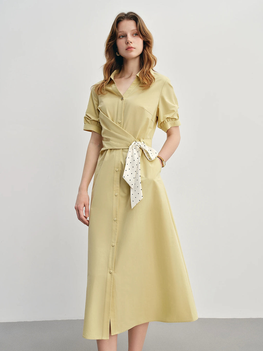 DUSHU Women's Daily Commuting Tie Shirt Dress 2025 New High Waist Slimming A-line V-neck Long Dress with Ribbon 25DS82970