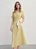 DUSHU Women's Daily Commuting Tie Shirt Dress 2025 New High Waist Slimming A-line V-neck Long Dress with Ribbon 25DS82970