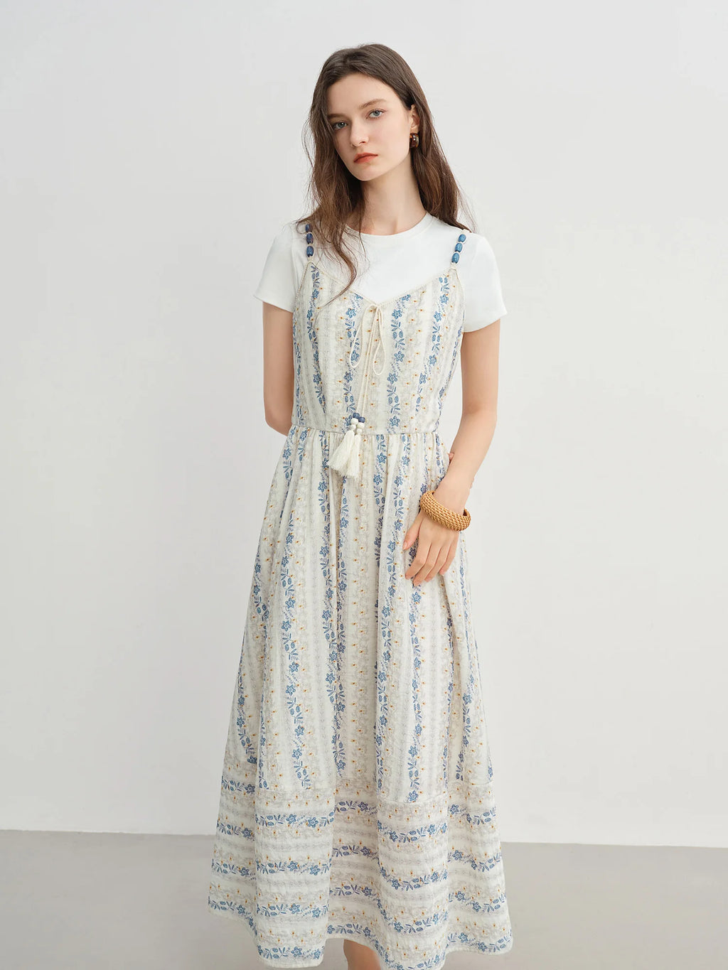 DUSHU Summer 2025 Textured Bead Sundress - Fluid Tassel Adjustable Tie Resort to Office Casual Fresh Style