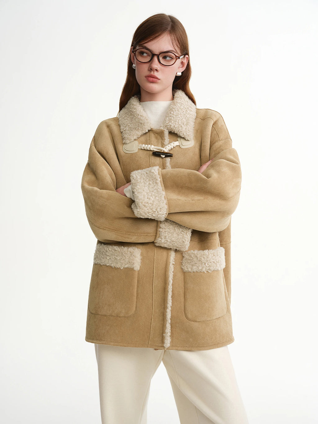 DUSHU 2025 Winter Women's Faux Shearling Coat with Horn Buttons - Plush Mid-Length Outerwear for Casual and Daily Warm Wear