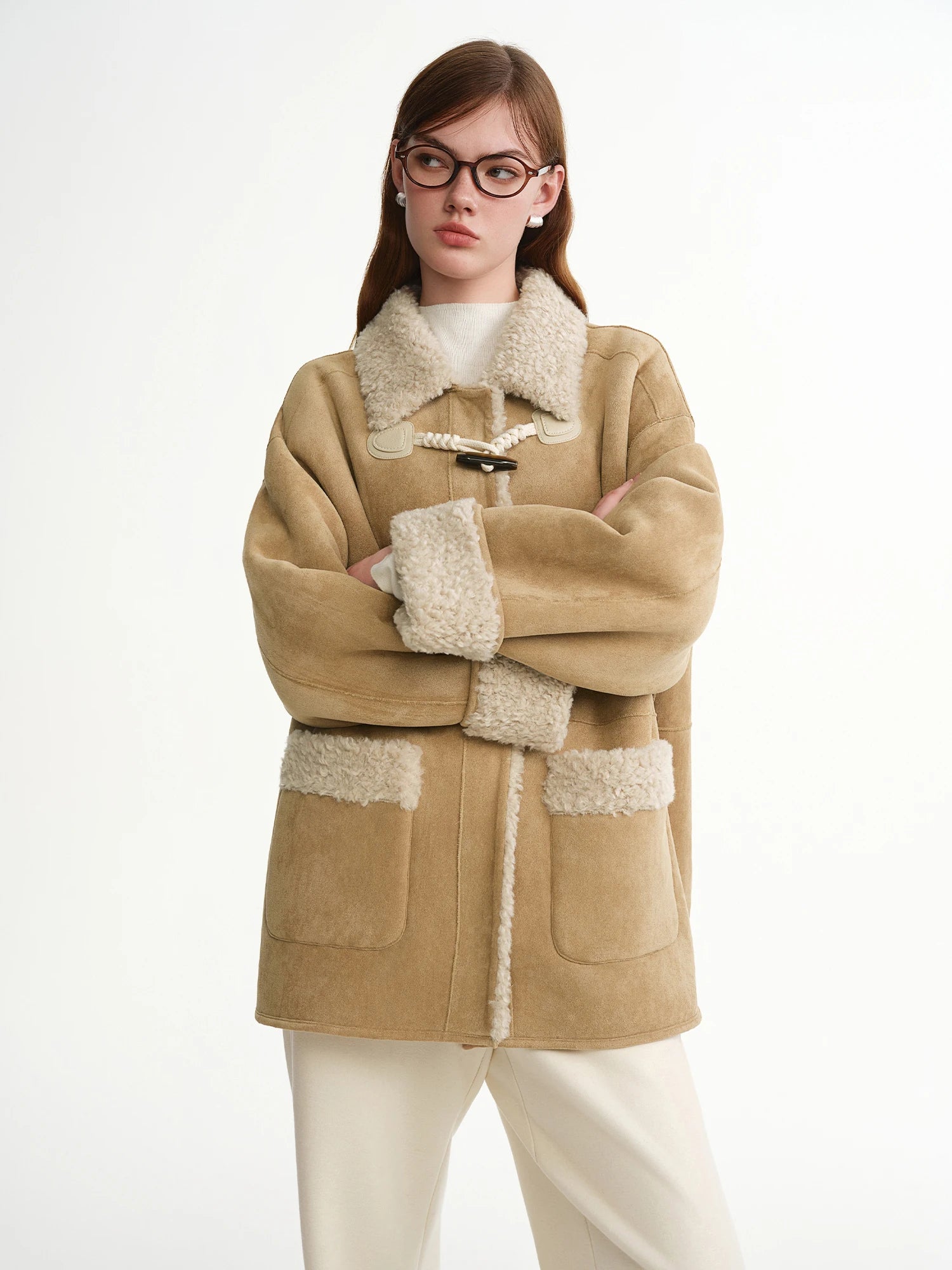 DUSHU 2025 Winter Women's Faux Shearling Coat with Horn Buttons - Plush Mid-Length Outerwear for Casual and Daily Warm Wear