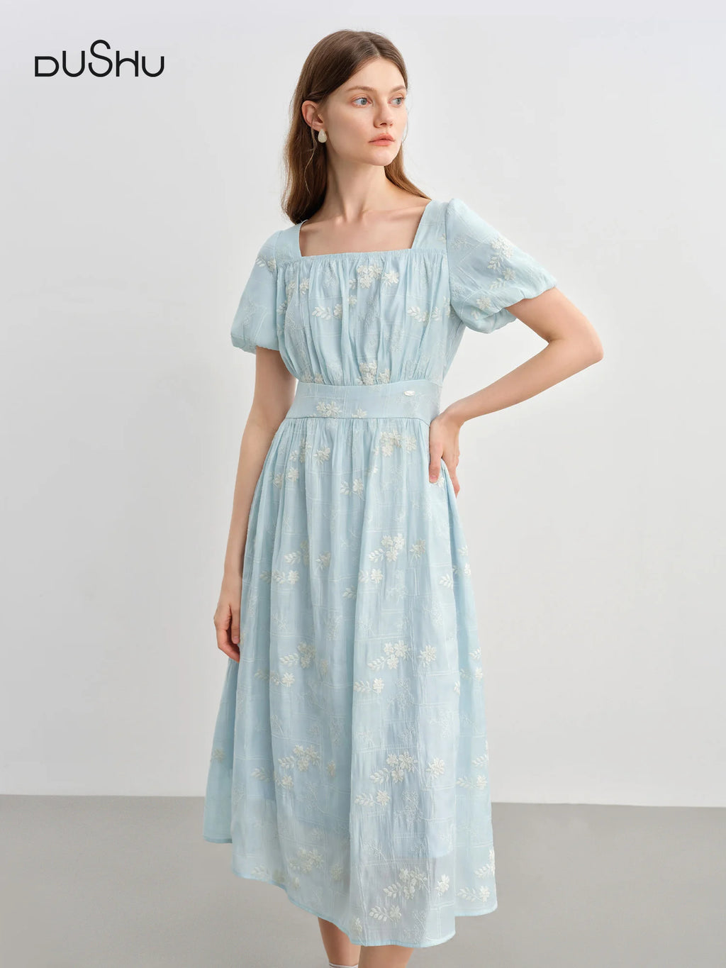 FSLE Summer 2025 Women's Square Neck Dress - Floral Embroidered Tea Length Relaxed Fit Maxi with Flutter Sleeves