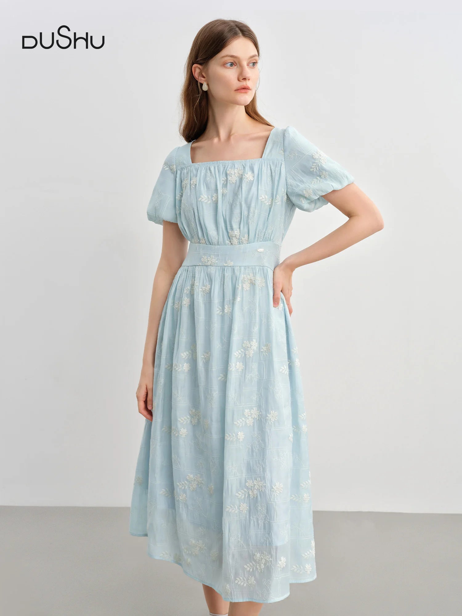 FSLE Summer 2025 Women's Square Neck Dress - Floral Embroidered Tea Length Relaxed Fit Maxi with Flutter Sleeves