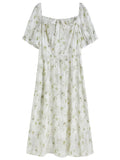 DUSHU Plus Size Floral Tiered Dress 2025 Summer French Style Square Neck Slimming Fit Waist-Defining Resort Casual Elegant Maxi