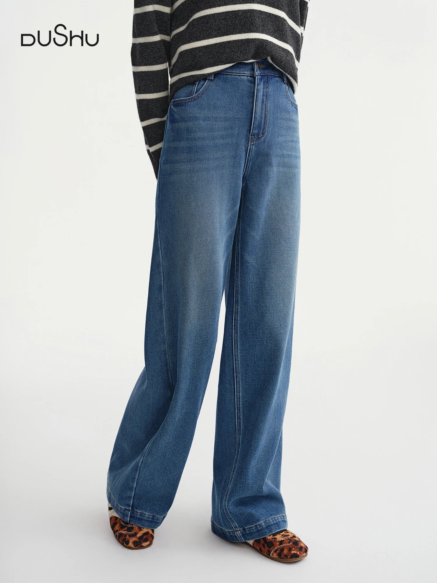 DUSHU Curved Side Seam Forward Wide-leg Jeans Women Slightly Straight Pants Loose Fit All-match Vintage Blue Unisex Ins Ulzzang