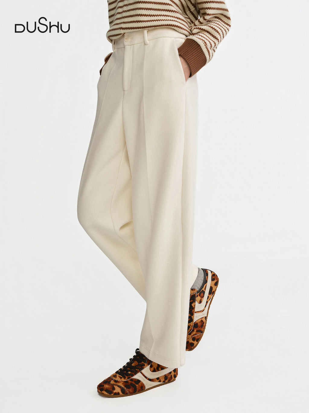 DUSHU Thick White Straight Pants Women Wool Warm Commuting All-match Autumn Winter Pants 2025 New Style Baguette Casual Pants