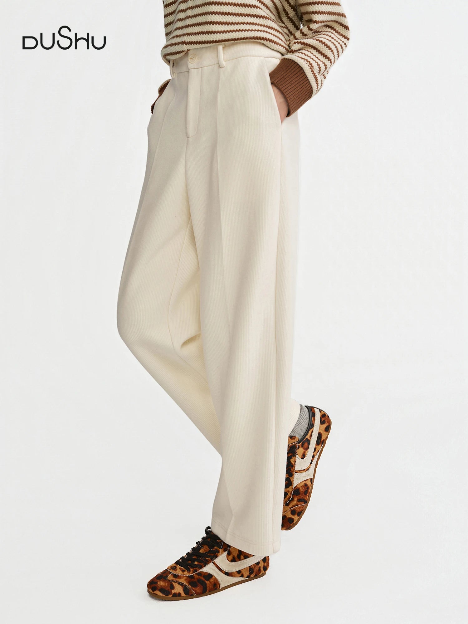 DUSHU Thick White Straight Pants Women Wool Warm Commuting All-match Autumn Winter Pants 2025 New Style Baguette Casual Pants