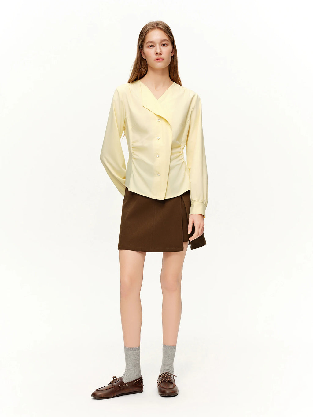 DUSHU 2026 Spring Women's V Neck Asymmetrical Blouse Unique Design Slim Fit Top for Effortless Office Style Lightweight Shirt