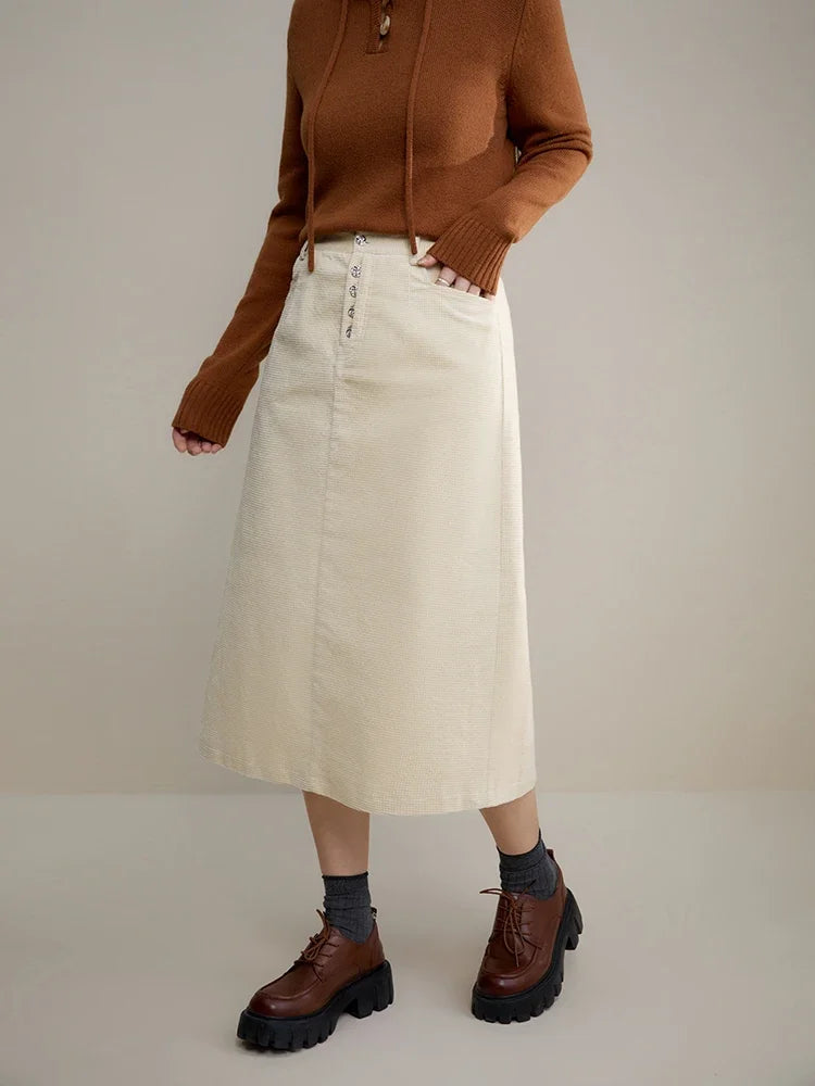 DUSHU Vintage Plaid Design High Waist Straight Tube Skirt for Women New Winter Corduroy Solid Color Casual Long Skirt for Female