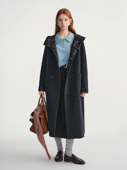 DUSHU 2025 Women's Reversible Hooded Wool Blend Coat Double Faced Trench Parka British Style Outerwear Casual Long Sleeve