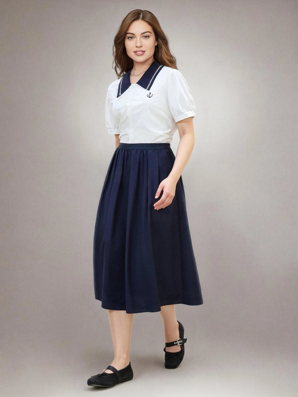 DUSHU Plus Size Versatile Navy Blue College Style 2025 Summer New High Waist Casual Umbrella Hem Mid-length Skirt 25DS82039