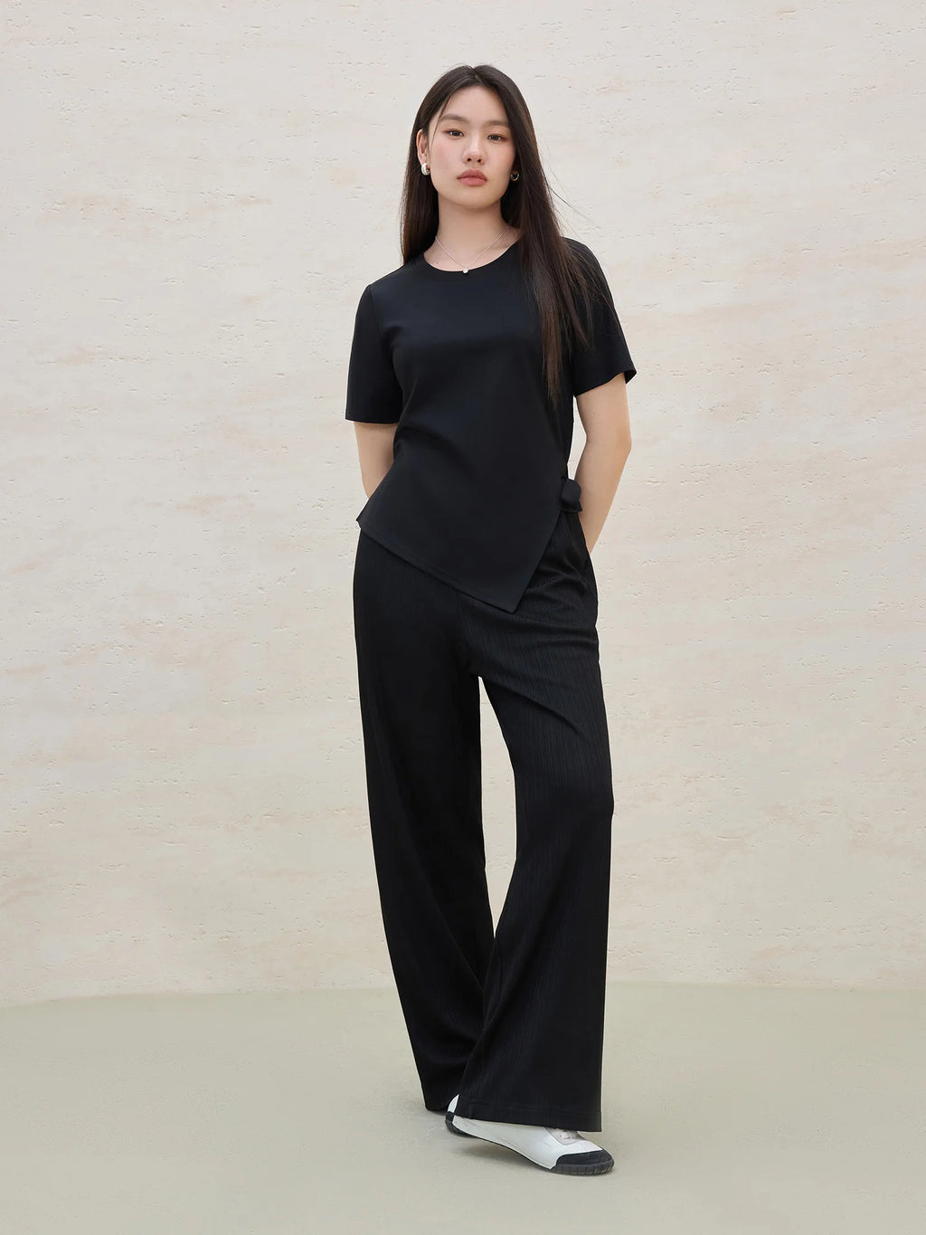 DUSHU Minimalist Style Black Stretch Women Wide-leg Pants 2025 Summer New Arrival Versatile Casual Chic Trousers 25DS82237