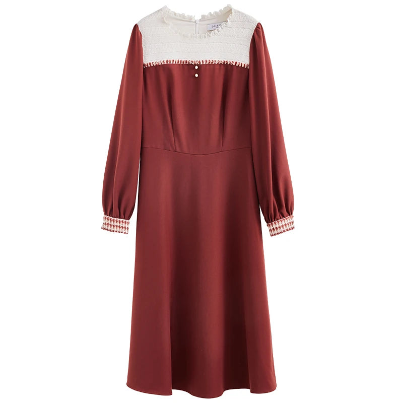 DUSHU Women's Winter Retro Red Stitching Dress Long Polo Neck Belt A-line Skirt Women Bow Neckline Design Thick Bottoming Dress