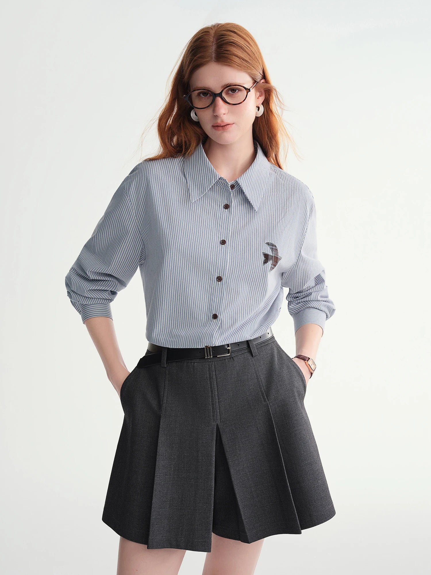 DUSHU Plus-Size Women Fashion The Birds Artistic Checkered Applique Embroidery Stripe Shirt  Winter 2025 Collection Women Shirt