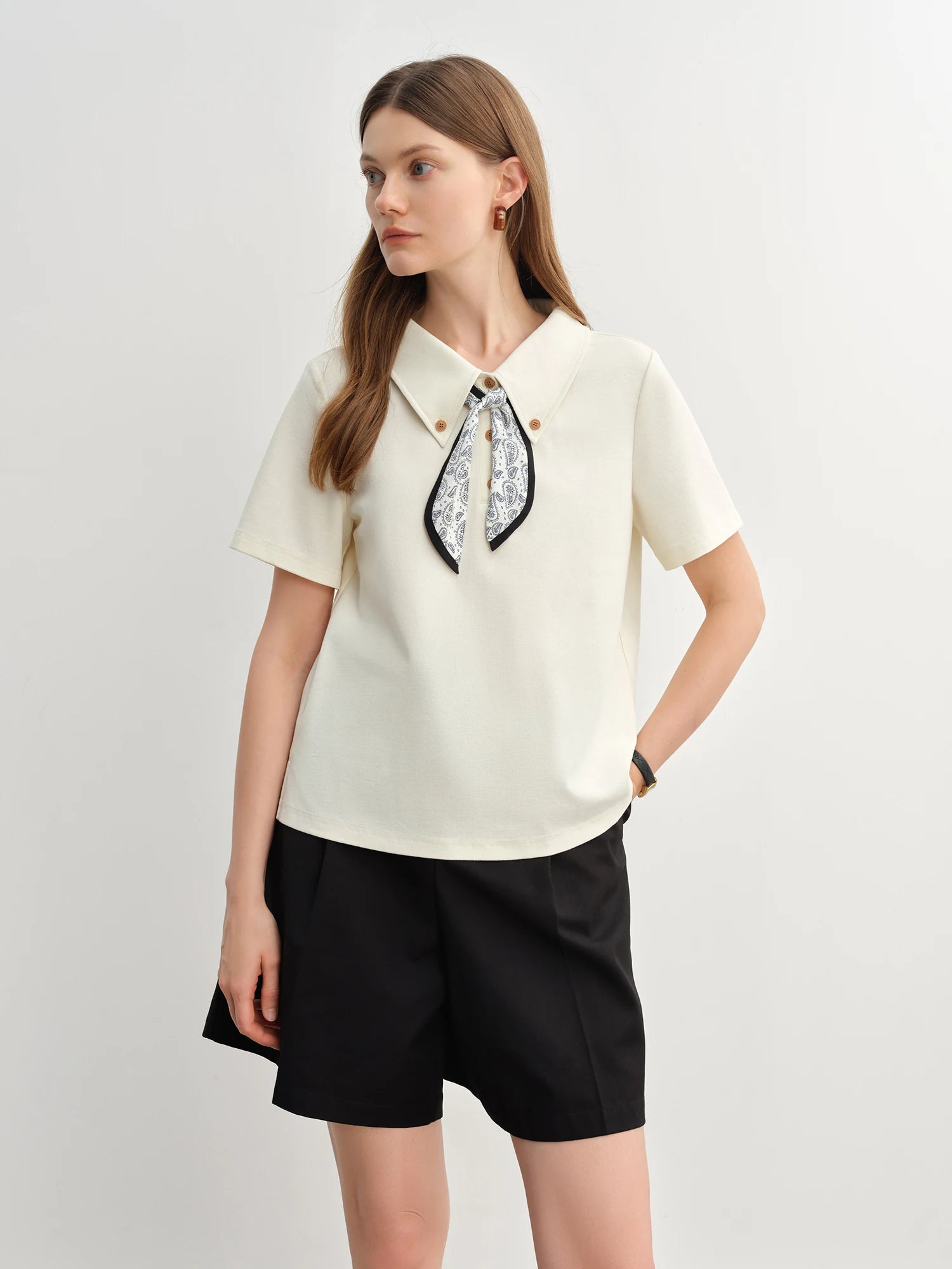 DUSHU Plus Size Women Waistflower Scarf Pattern Short Sleeve Polo Collar T-Shirt New 2025 Arrival Relaxed Fit 25DS82918