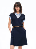 DUSHU Women's Intelligent Color Pseudo-Blazer Blue Checkered Patchwork Dress: Summer 2026 New Arrival Preppy College Style Dress