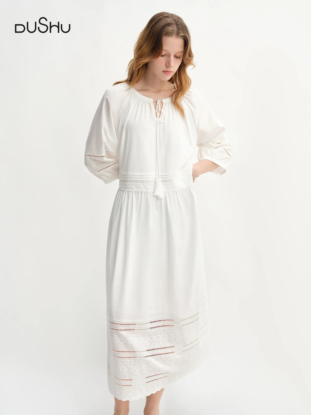 DUSHU Autumn 2025 French-Inspired Dress - Embroidered Lace Panel A-Line Flattering Silhouette Relaxed Fit Women Vintage Maxi