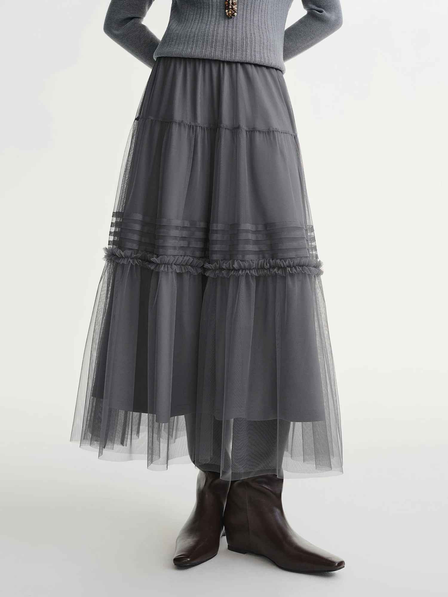 DUSHU Three-color Ruffled Mesh Skirt Women Pleated Mesh Straight Skirt Fairy Retro Gothic Cool Girls Elastic Waist Loose Fit