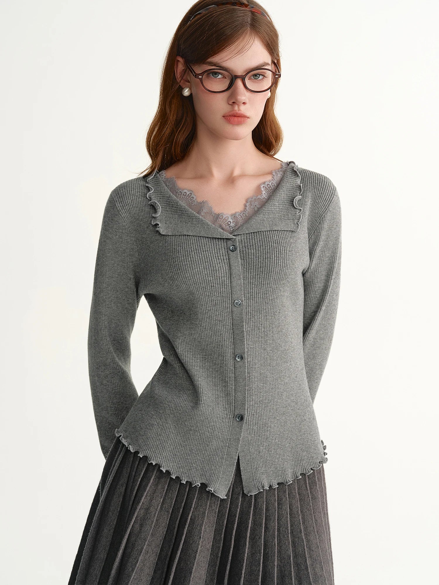 DUSHU【Lovely Christmas】2025 Plus Size Lace Trim Stand Collar Ribbed Knit Sweater Slimming Baselayer Turtleneck Elegant Blouse