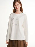 DUSHU Elegant Sparkling Shine Embellished Letter Long Sleeve Crew Neck Women's Base Layer T-Shirt 2025 Autumn Winter New Arrival
