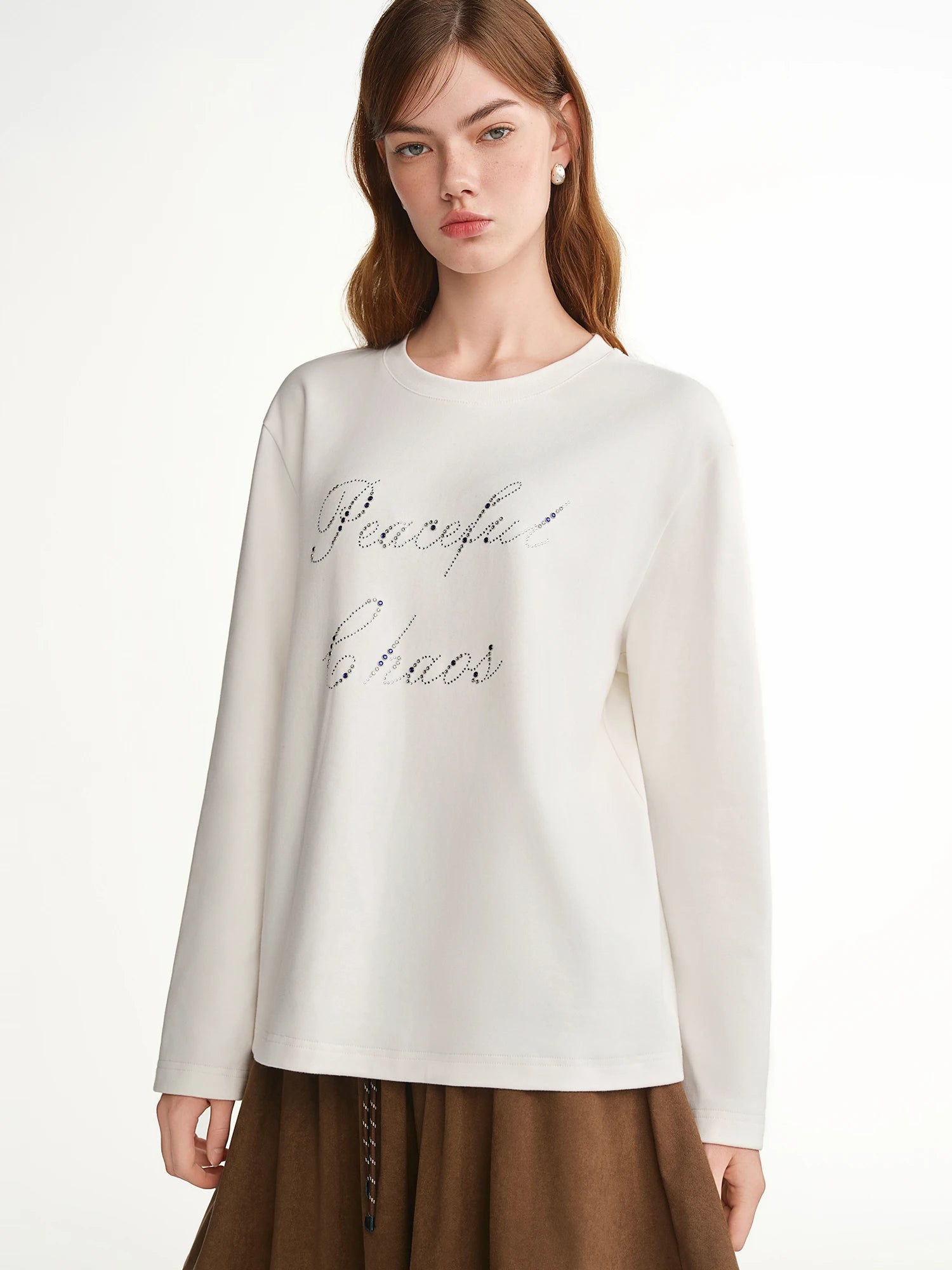 DUSHU Elegant Sparkling Shine Embellished Letter Long Sleeve Crew Neck Women's Base Layer T-Shirt 2025 Autumn Winter New Arrival