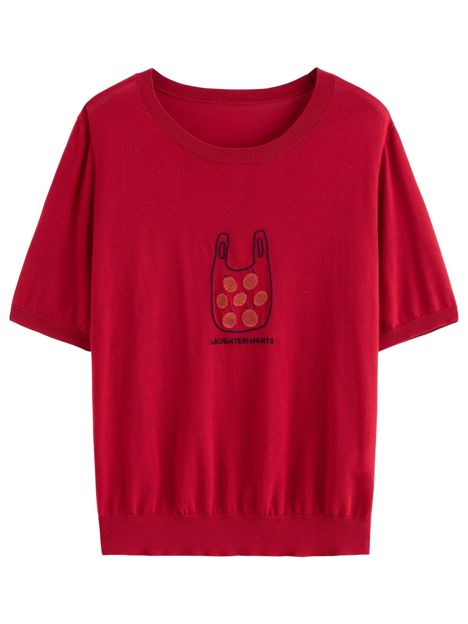 DUSHU Plus Size Women Top Lyocell T-shirt Summer 2025 New Arrival Fruit Embroidery Short-sleeved Knitted Sweater Top 25DS82856