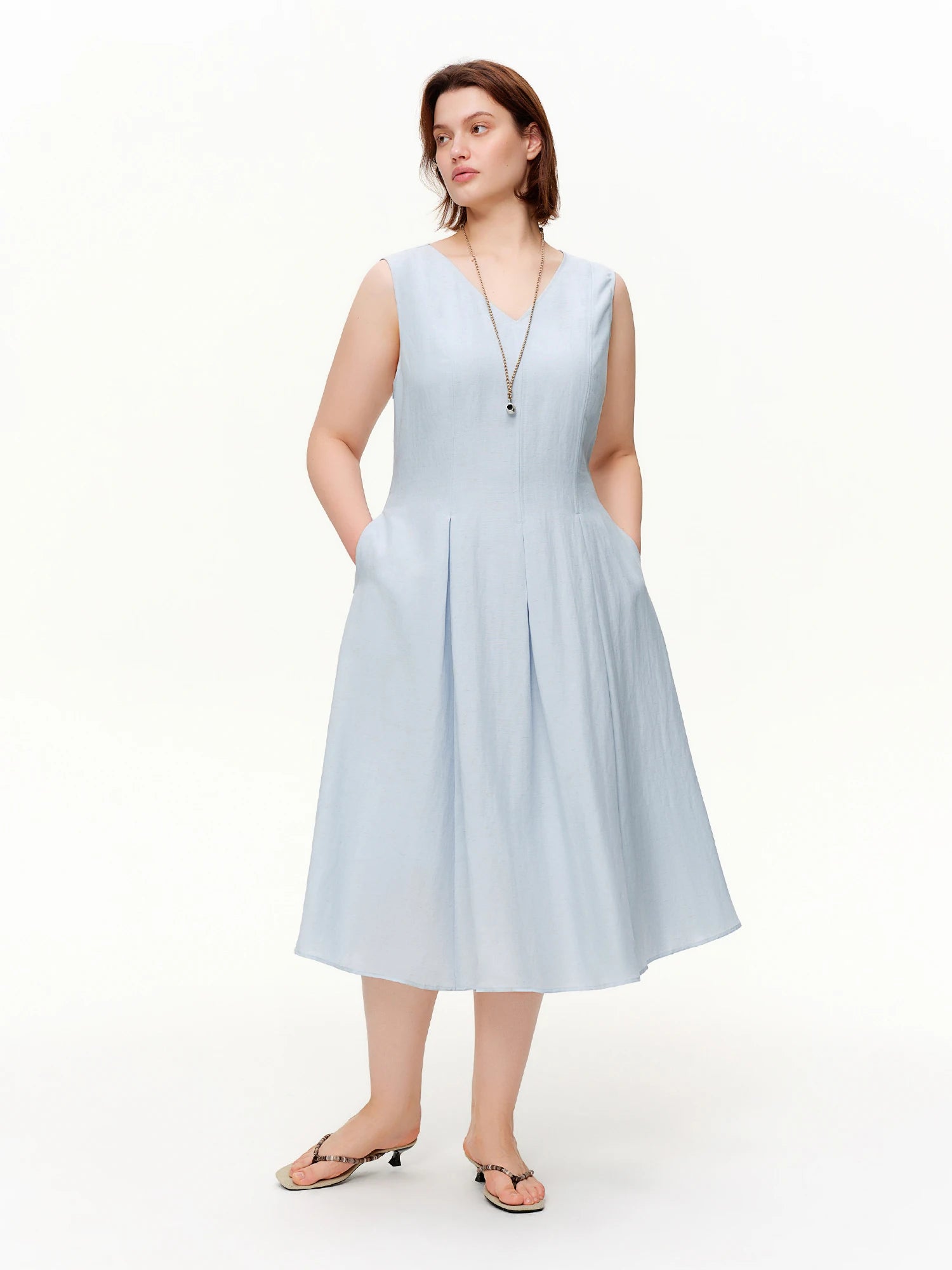 DUSHU 2026 Spring Women's Two-Tone Waist-Defining Sleeveless Maxi Dress - Linen Blend Elegant Long Dress for Vacation