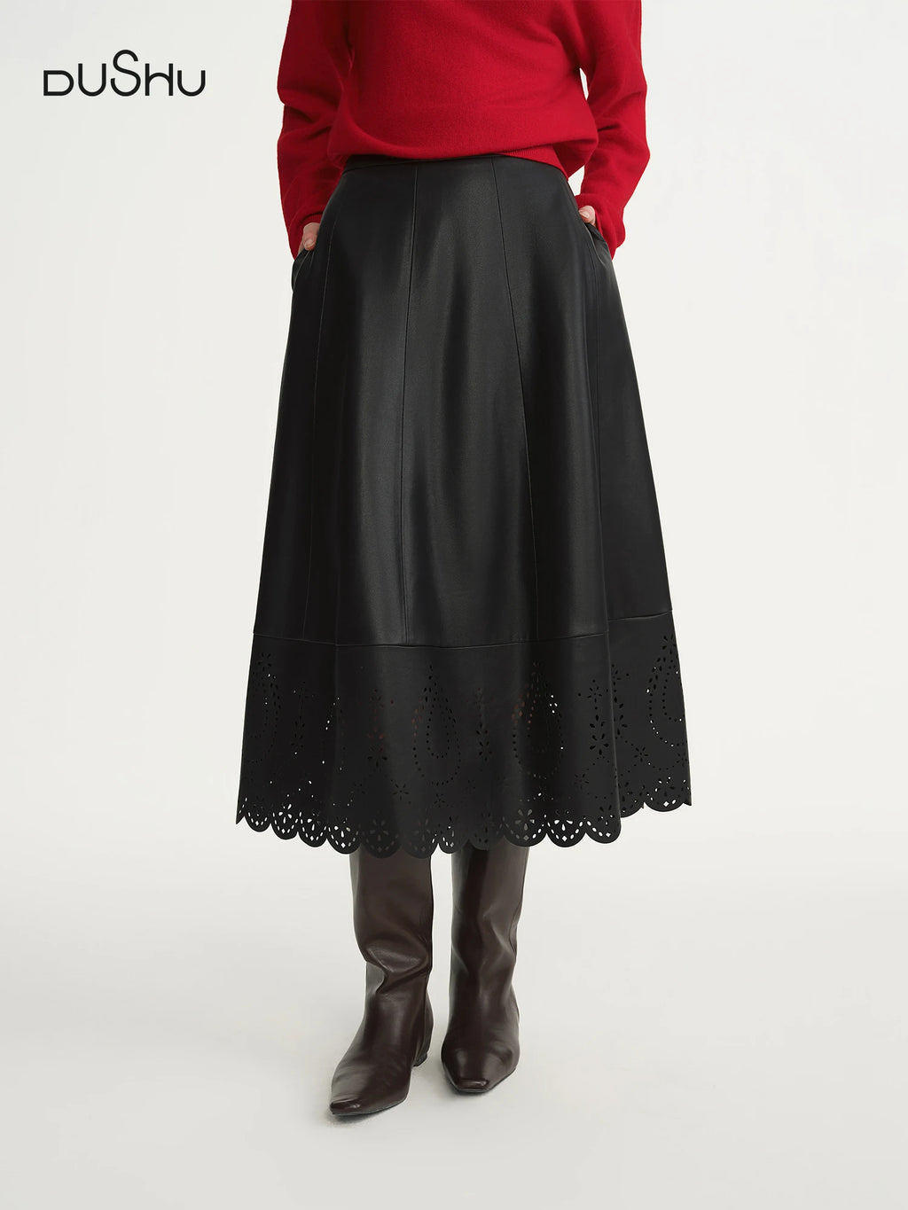DUSHU Plus Size Women's Winter 2025 New Arrival Openwork Flower Shadow Leather Skirt with Elastic Waist and Carved Flower Design