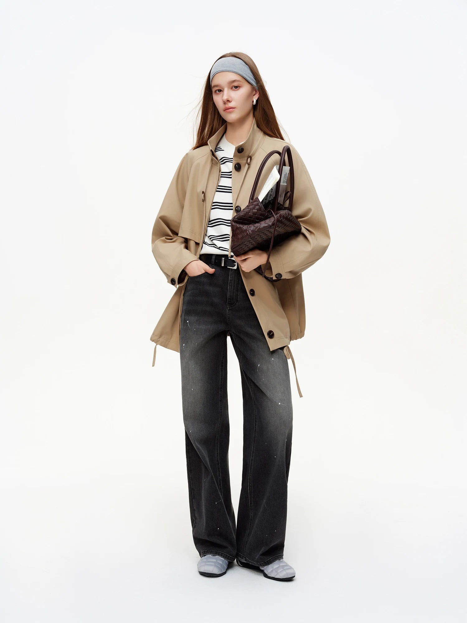 DUSHU Women's Casual Mid-length Khaki Trench Coat 2026 Spring Long Sleeve Elegant Outerwear Single-breasted Commuting