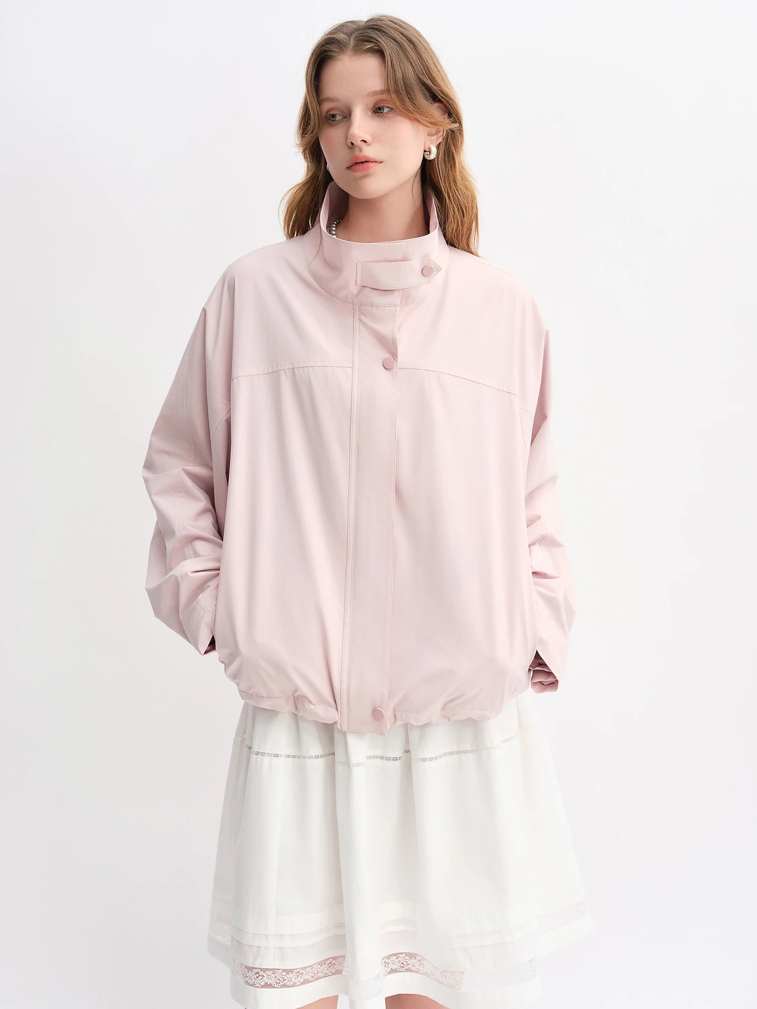 DUSHU Autumn 2025 Women's Pink Cropped Jacket - Relaxed Fit Drawstring Hem Casual Short Outerwear Lightweight Windbreaker Top