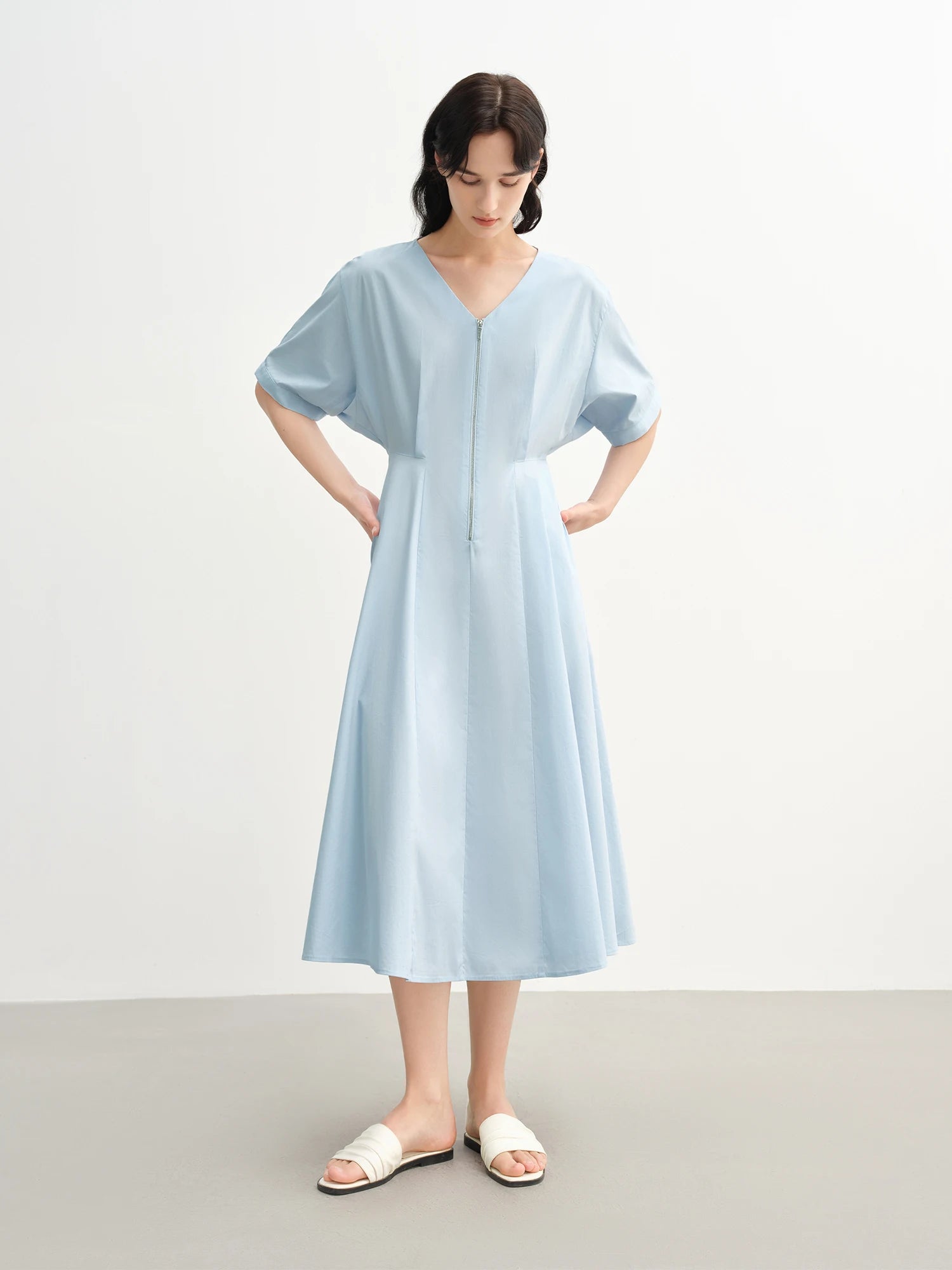 DUSHU 2025 Summer Women Curve-Flattering V-Neck Maxi Dress - Streamlined Zipper Back & Breathable Chiffon for Office-to-Outing