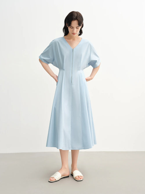DUSHU 2025 Summer Women Curve-Flattering V-Neck Maxi Dress - Streamlined Zipper Back & Breathable Chiffon for Office-to-Outing