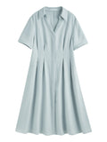 DUSHU【3 Colors】Women Turn-down Collar Shirt Dresses Pleated Design High Waist Commuter Long Dress Without Sashes 25DS82467