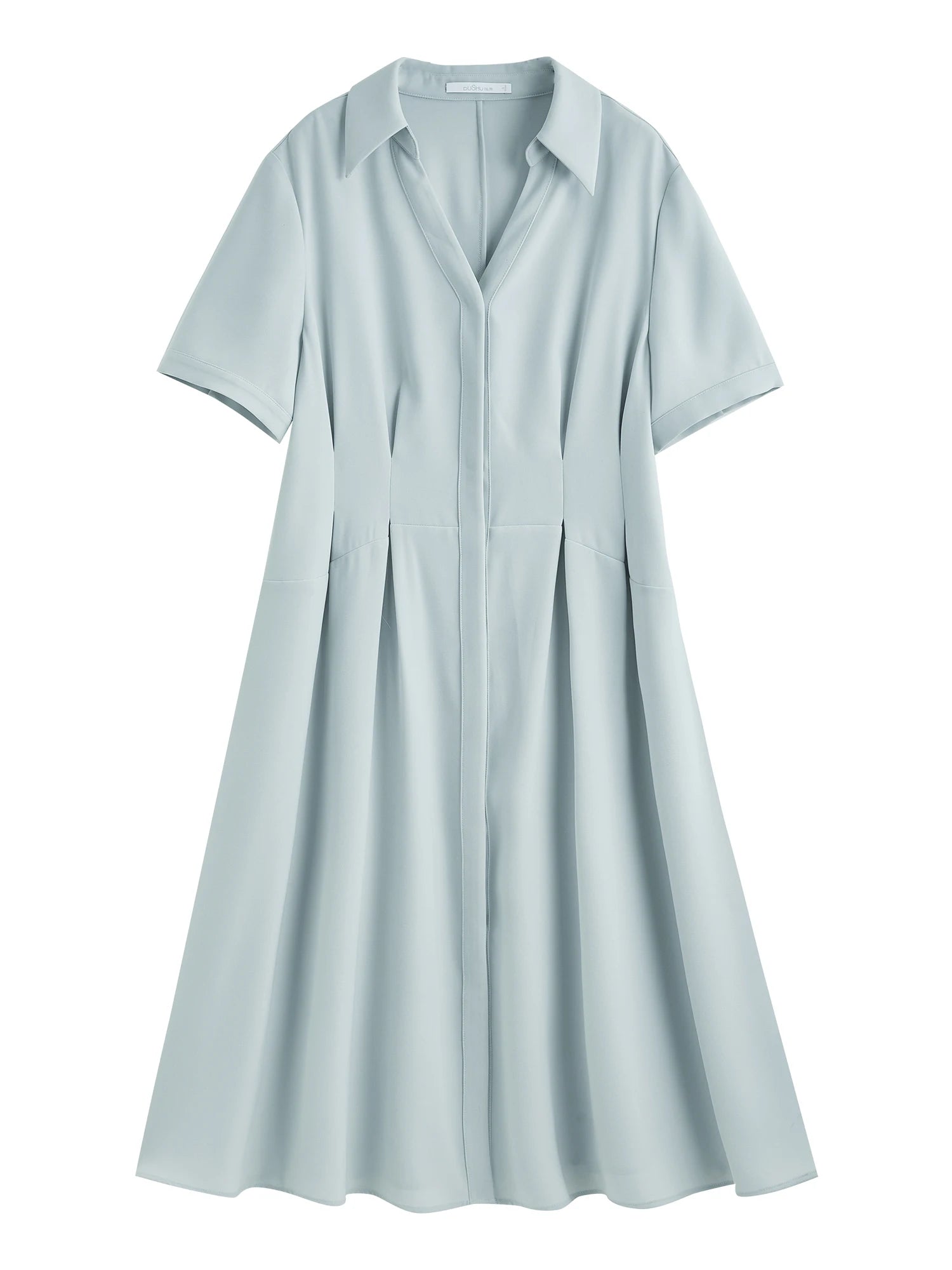 DUSHU【3 Colors】Women Turn-down Collar Shirt Dresses Pleated Design High Waist Commuter Long Dress Without Sashes 25DS82467