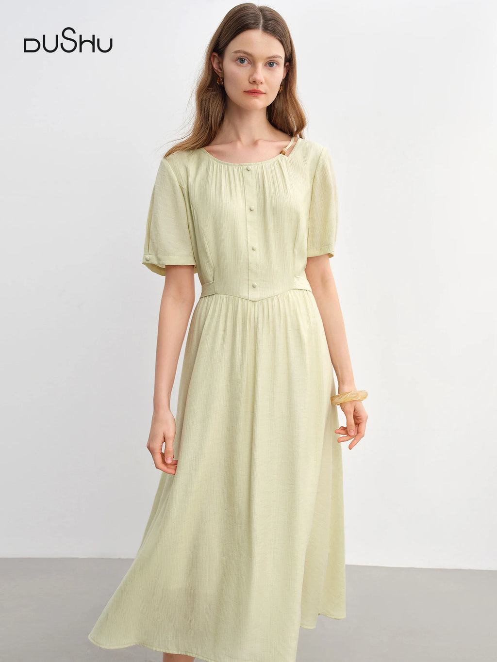 DUSHU Commuter Simple Dress 2025 Summer New Beaded Round Neck Tie Waist Slim MIdi-length Dress 25DS82976