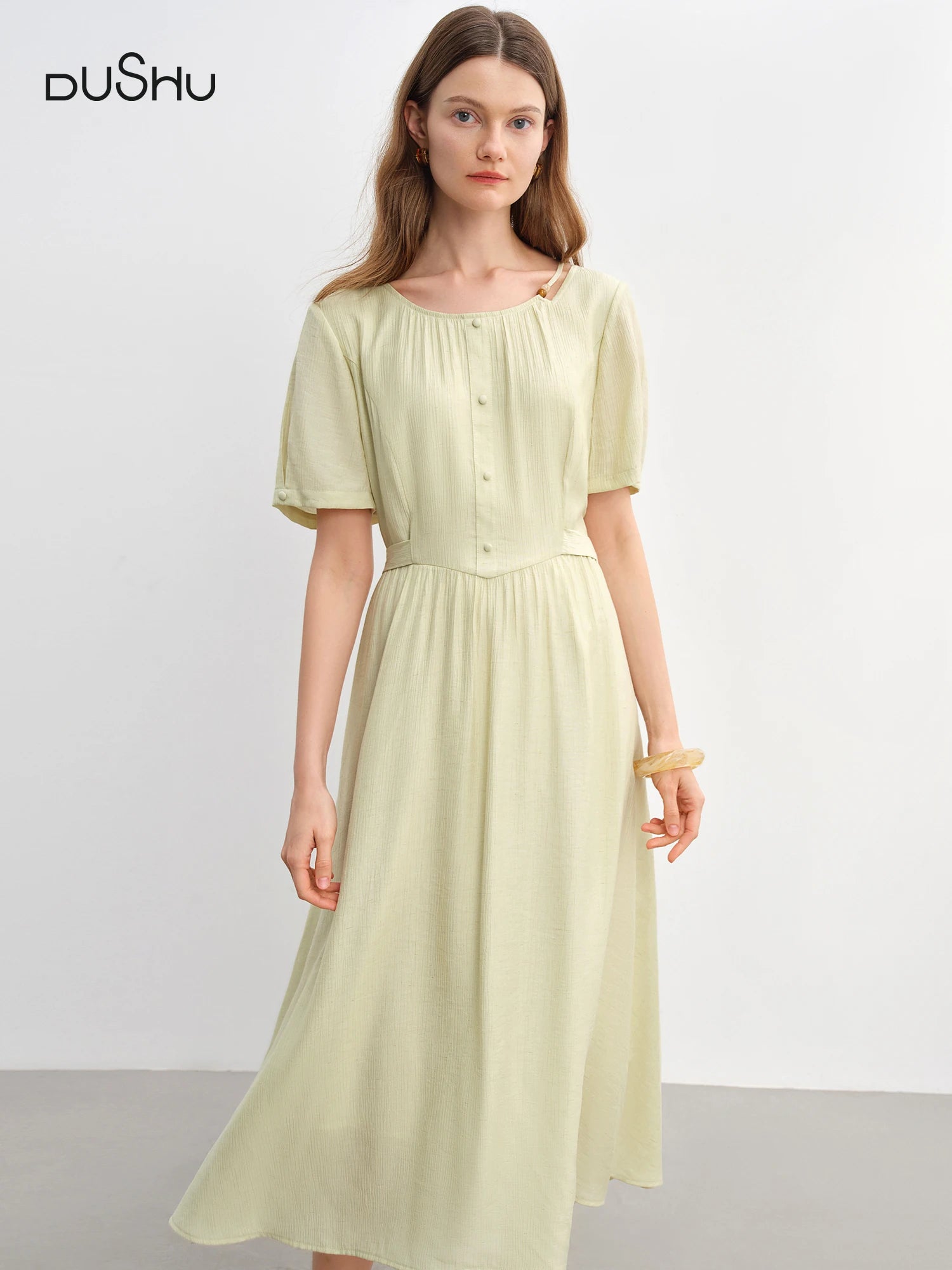 DUSHU Commuter Simple Dress 2025 Summer New Beaded Round Neck Tie Waist Slim MIdi-length Dress 25DS82976