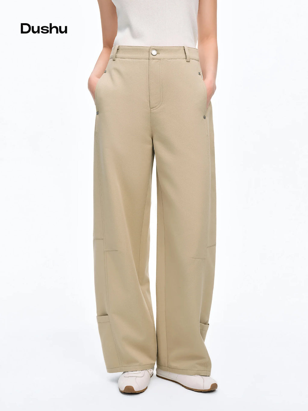 DUSHU Women's Workwear inspired Casual Pants High-waist Ripped Seam Metal Studs Straight-leg Long Pants 2026 Summer New Arrival
