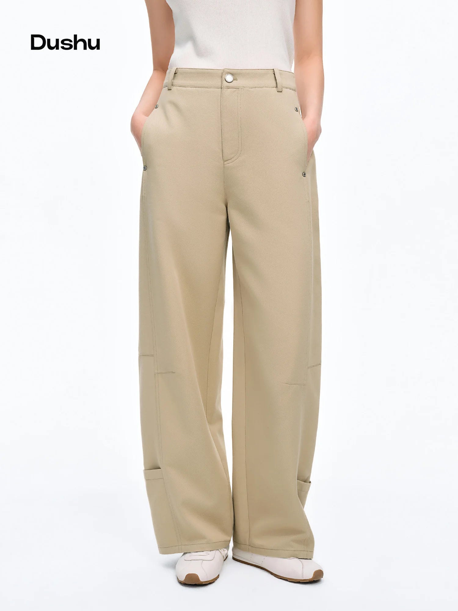 DUSHU Women's Workwear inspired Casual Pants High-waist Ripped Seam Metal Studs Straight-leg Long Pants 2026 Summer New Arrival