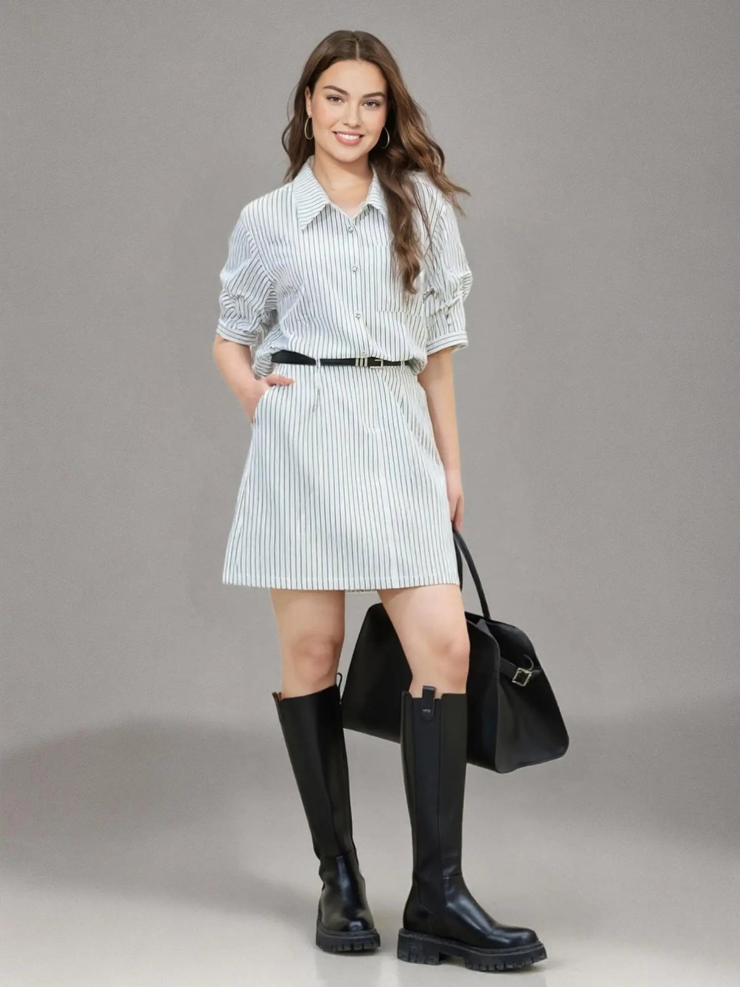 DUSHU Women Fake Two-Piece Striped Shirt Dress 2025 Summer New Women Loose Cotton Short Sleeve Dresses 25DS81323