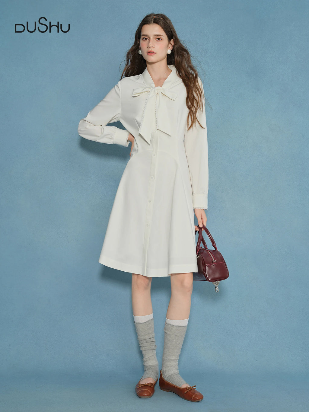 DUSHU Plus Size Women's Bow Affection Lace Draped Collar Blouse Dress 2025 Autumn Collection White Cocktail Dress 25DS83239