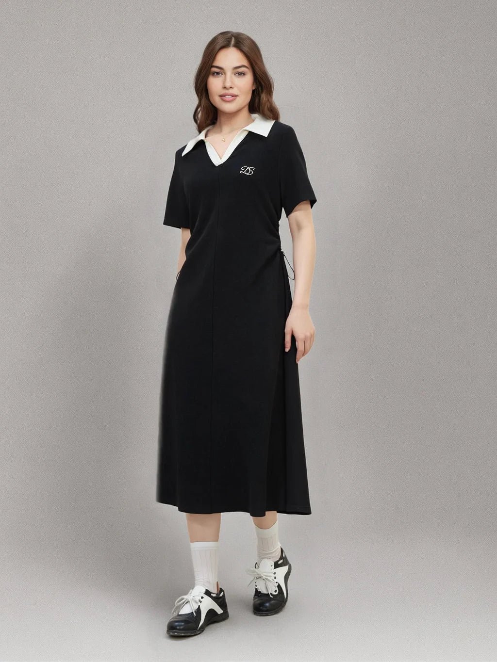 DUSHU 2025 Summer Plus Size Women's Color Block Collar Adjustable Waist Dress - Slimming Black Casual Polo-Inspired Maxi Outfit