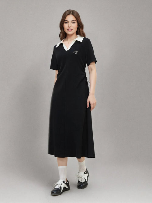DUSHU 2025 Summer Plus Size Women's Color Block Collar Adjustable Waist Dress - Slimming Black Casual Polo-Inspired Maxi Outfit