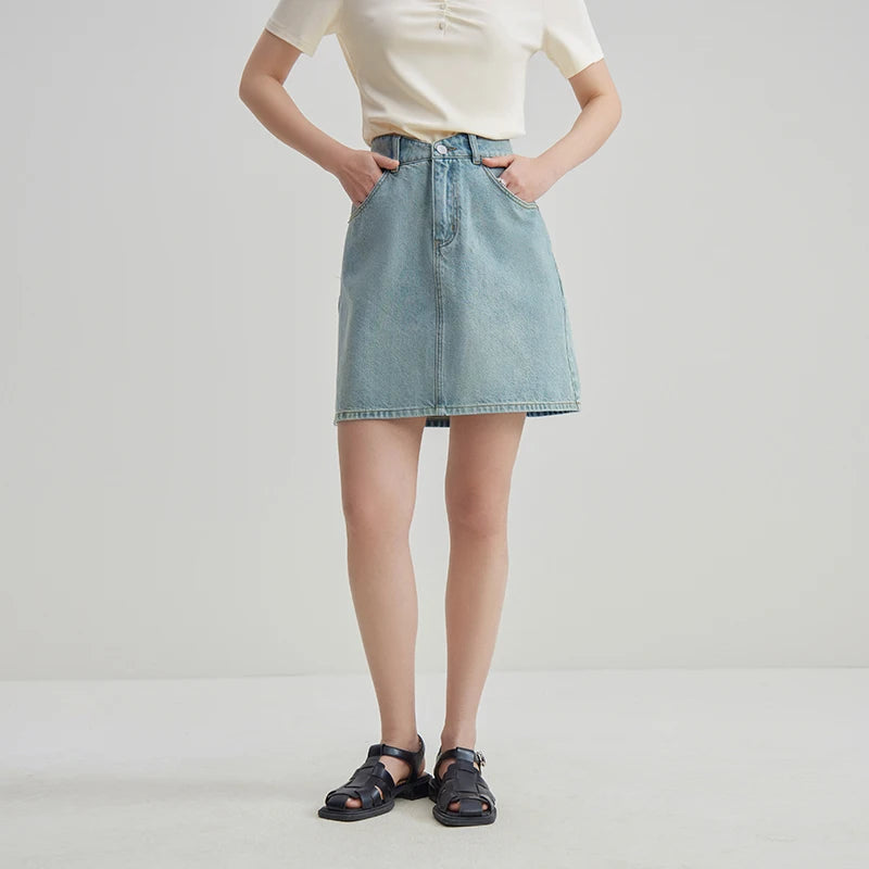 DUSHU Three Colors Simple Style High Waist Denim Skirt for Women Daily All-match 2024 Summer A-Line Skirt Female 24DS82014