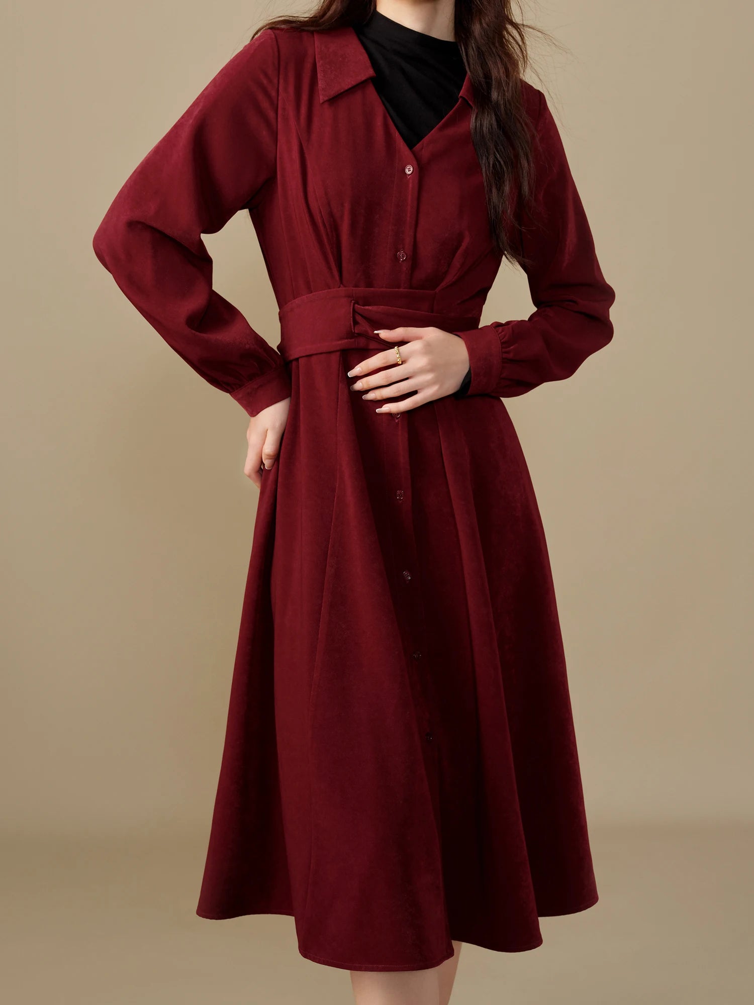 DUSHU【2 Colors】Women Winter Long Dress Thicken Snowflake Velvet Elastic Twill Dress Cross-Belt Design Dark Red Dresses 24DS84366